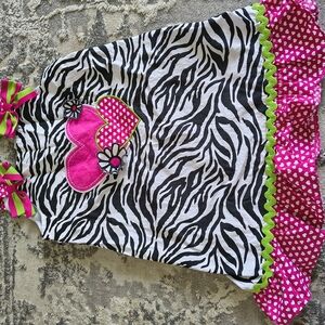 Girls Zebra-Print Casual Dress with Hot Pink Heart and Lime Trim